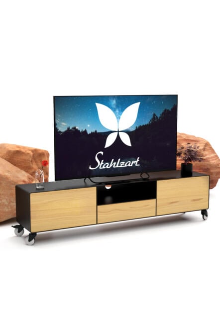 tv-lowboard-schwarz-eiche-astfrei-metall-holz-industrial-massivholz-modern-160-cm-wohnzimmer-designer-hifi-mit-2-schubladen-klappe-stahlzart-dot-1