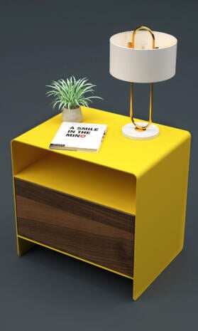 nachttisch-gelb-nussbaum-holz-rund-modern-schmal-metall-mit-schublade-industrial-kleiner-design-massivholz-walnuss-minimalistisch-aari-2-stahlzart