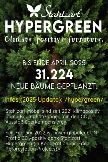 Stahlzart Hypergreen Möbel-Logo mit Informationen zur klimapositiven Initiative und Partnerschaft mit Eden Reforestation Projects, 31.224 Bäume von 2021 bis April 2025 gepflanzt.