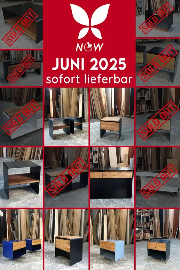 Auswahl an Stahlzart Now Möbeln wie Regal, Couchtisch, Sideboard, Nachttisch, TV-Lowboard, Sitzbank und Beistelltisch in Weiß, Schwarz, Holz und Metall im Industrial-Design. Einige Artikel auf Lager, andere ausverkauft.