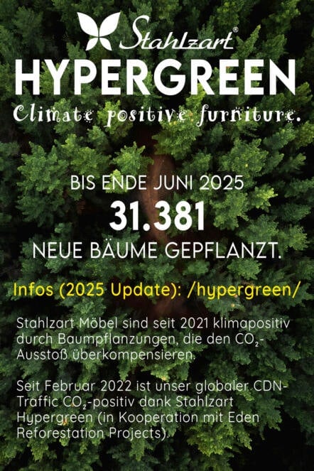 Stahlzart Hypergreen Möbel-Logo mit Informationen zur klimapositiven Initiative und Partnerschaft mit Eden Reforestation Projects, 31.381 Bäume von 2021 bis Juni 2025 gepflanzt.