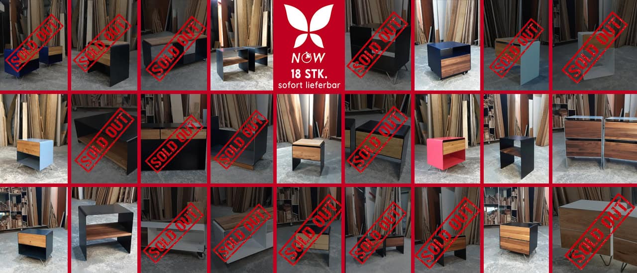 Stahlzart NOW Lagerverkauf: Collage sofort lieferbarer Möbelunikate, Nachttische und Lowboards aus Metall und Holz