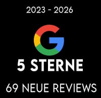 Dunkles Trust-Badge mit 5 Sternen und Google Logo visualisiert Kundenmeinungen März 2026 in Österreich: Sicherheit für Käufer – Lieferung komplett fertig montiert frei Bordsteinkante.