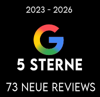 Dunkles Trust-Badge mit 5 Sternen und Google Logo visualisiert Kundenmeinungen Juni 2026 in Österreich: Sicherheit für Käufer – Lieferung komplett fertig montiert frei Bordsteinkante.