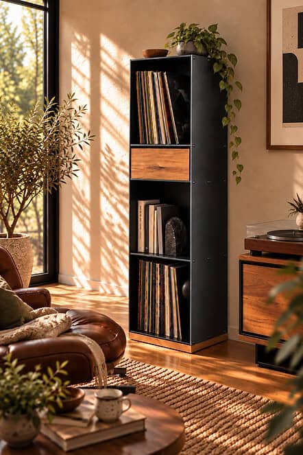 Wohnraumansicht des schmalen CLASSIC 025 mit Vinyl, geöltem Rohstahl und warmer Wildeiche; die vertikale Form benötigt nur wenig Stellfläche.