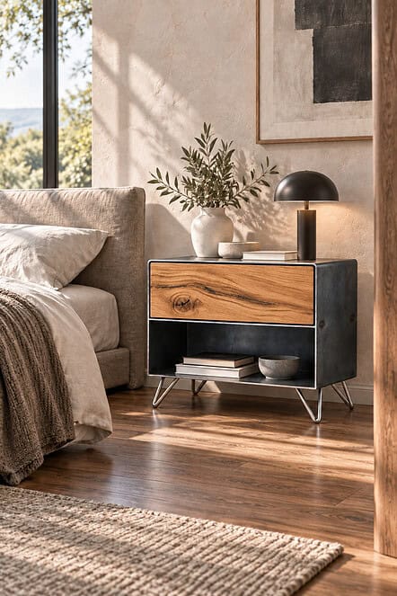 Raumperspektive im hellen Schlafzimmer: Nachttisch FLY HIGH 4 neben einem Polsterbett, mit schwarzer Tischleuchte, Wildeiche-Front und offenem Fach.