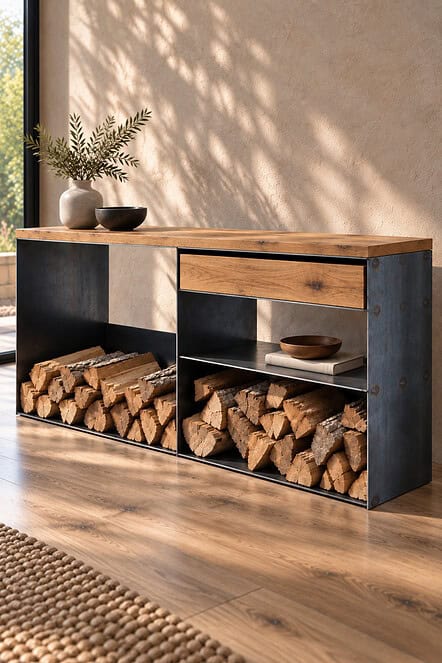 Raumperspektive des CLASSIC 005 aus Rohstahl und Wildeiche im hellen Wohnraum mit Kaminholz im offenen Fach und natürlichen Materialien.