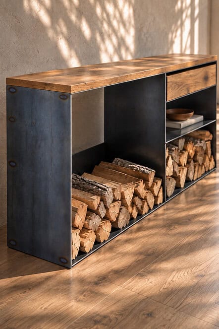 Schrägansicht des Sideboards CLASSIC 005 aus Zunderstahl und massiver Wildeiche mit offenem Kaminholzfach und asymmetrischer Aufteilung.