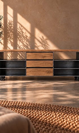 Frontalansicht des CLASSIC 020 mit drei Wildeiche-Schubladen, offenen Fächern, 3 mm geöltem Rohstahl und schwarzen Rollen.
